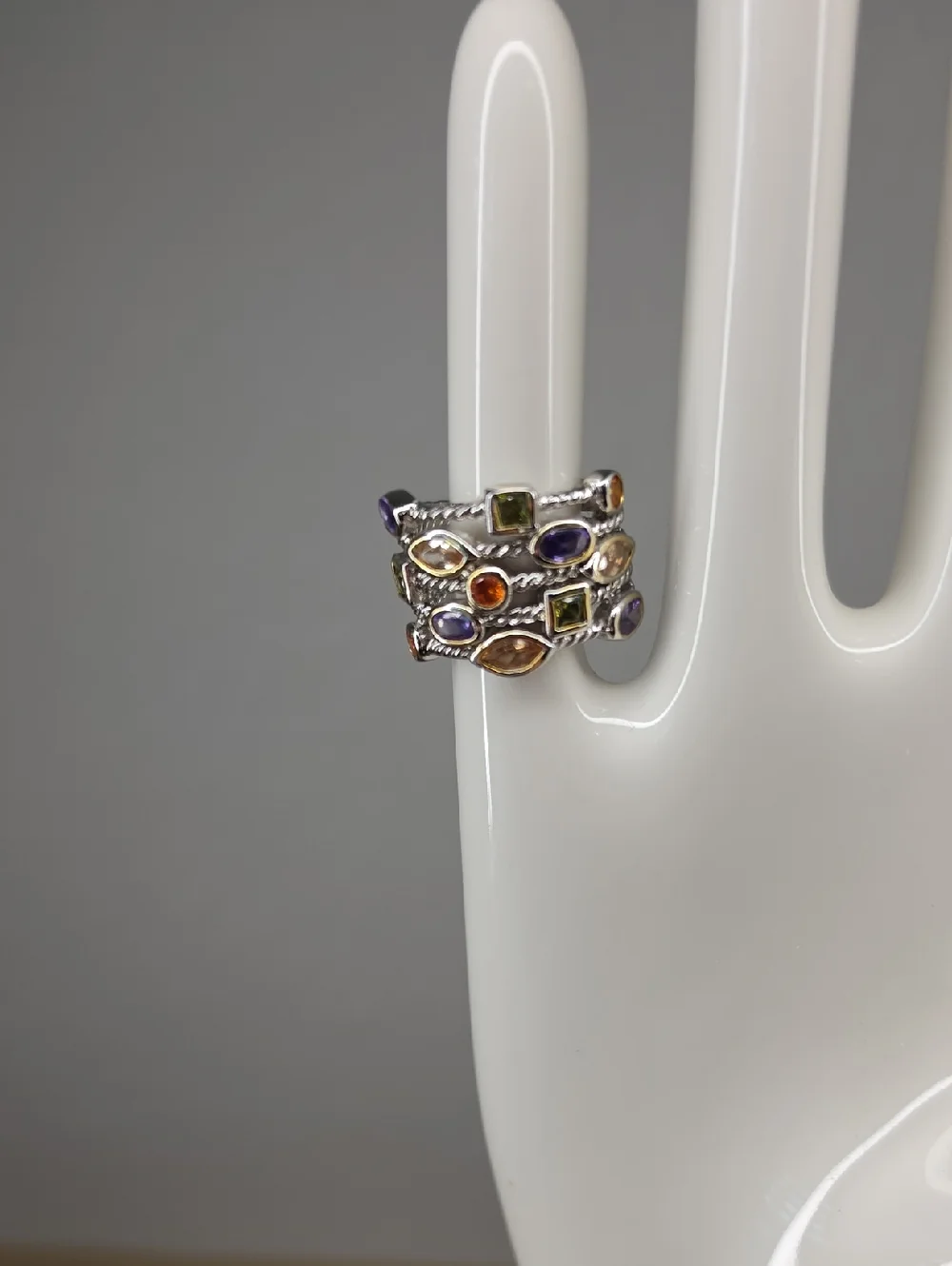 Vintage Multi-Color Confetti Oval Square Stone Multi Stack Silver Stackable Ring